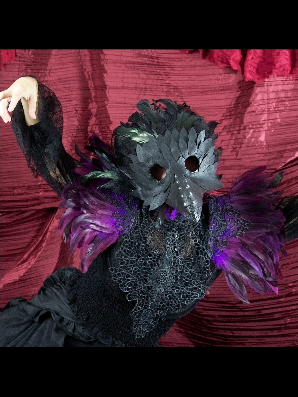 Purple Raven Feather Lace Collar - Black Gothic Costume Accessory